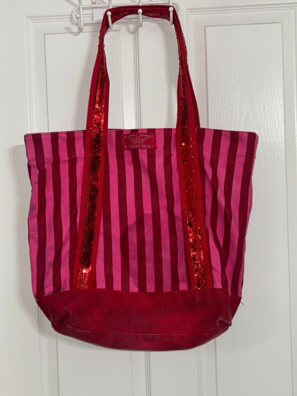 Victoria's Secret Sequin Red and Pink Striped Oversized Tote Bag Pre-loved